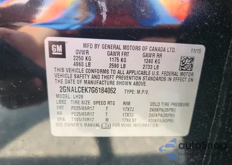 2016 Chevrolet Equinox Lt из США, поврежденный, VIN 2GNALCEK7G6184062